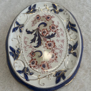 Antique Middleport Pottery Venice Oval Scalloped Dish Gold Gilt Floral 7.5”